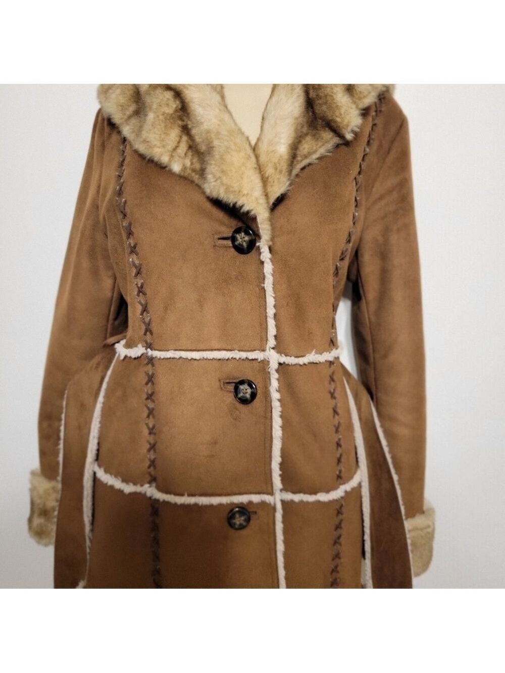 Laundry By Shelli Segal Penny Lane Brown Faux Fur Trimmed Women's Coat Medium - Picture 5 of 8